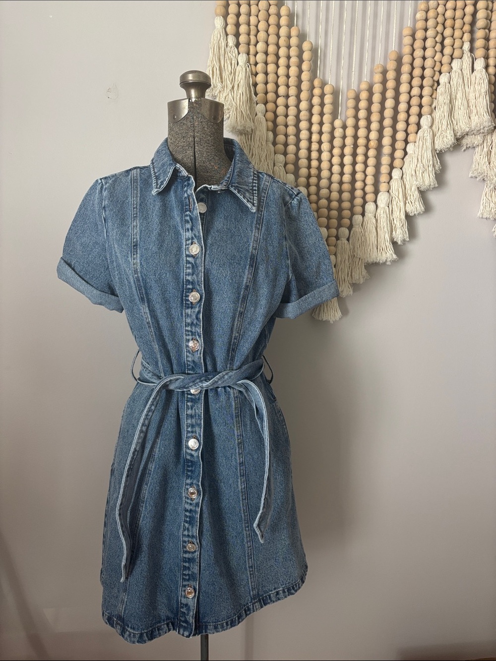 Stradivarius Blue Denim Button-Front Mini Dress with Tie Belt